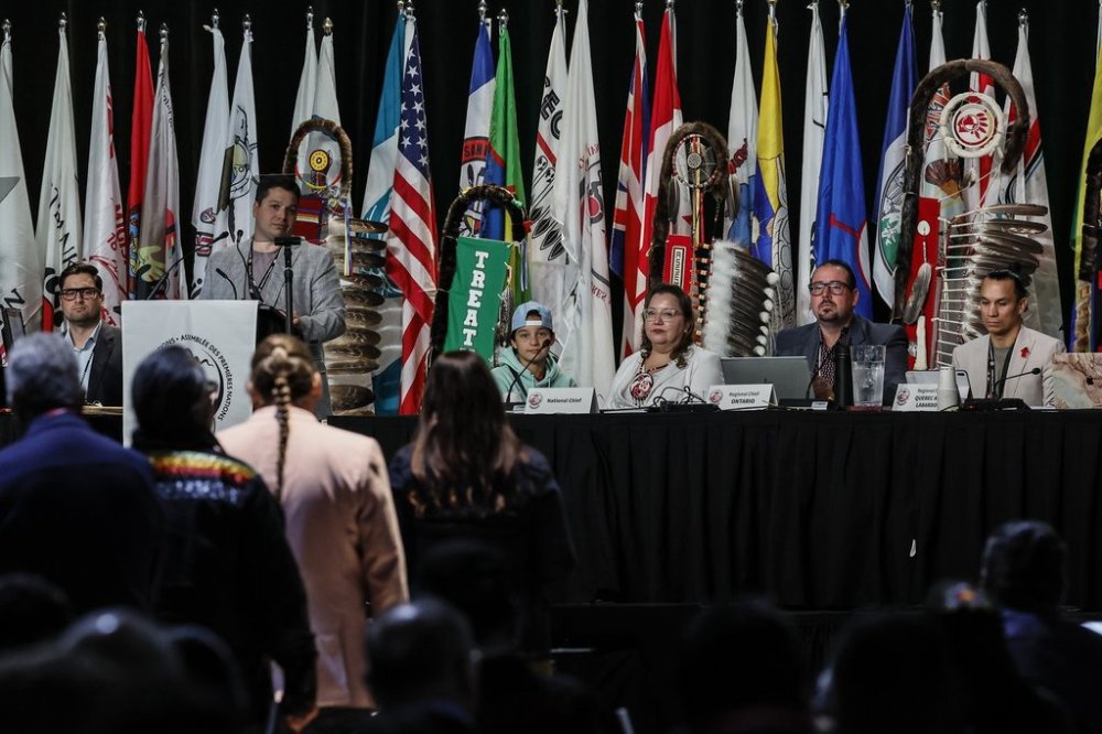 Assembly of First Nations National Chief Cindy Woodhouse Nepinak, Chief Abram Benedict and Chief Francis Verreault-Paul listen as delegates speak about resolutions at the Assembly of First Nations (AFN) Annual General Assembly in Winnipeg on Wednesday, Sept. 3, 2025. THE CANADIAN PRESS/John Woods