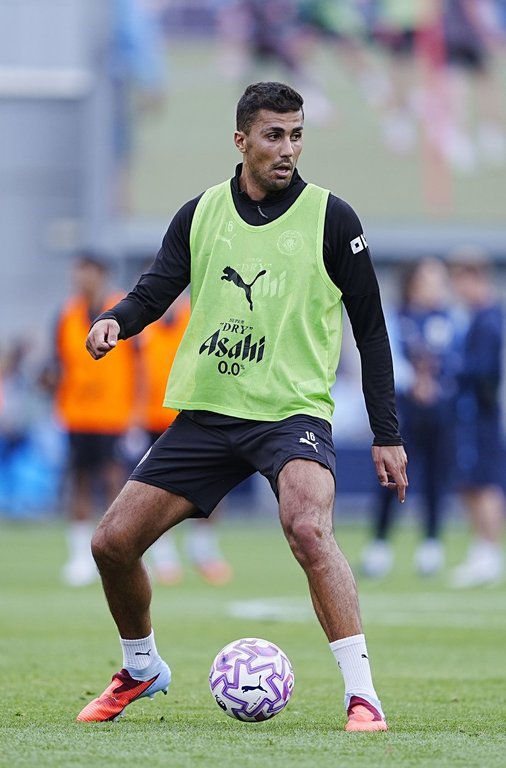 Manchester City's Rodri during a training session at the City Football Academy, Manchester, England, Tuesday, Aug. 5, 2025. (Peter Byrne/PA via AP)
