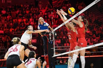 Canada's Vicky Savard (4) spikes the ball against Turkey, in this handout photo, at the women's volleyball world championships in Nakhon Ratchasima, Thailand, on Wednesday, Aug. 27, 2025. Canada suffered its first loss, falling 3-0 (25-21, 27-25, 25-13) to Turkey. THE CANADIAN PRESS/Handout - Volleyball Canada (Mandatory Credit)