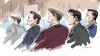 This sketch from London, Ont., shows five former members of Canada's world junior hockey team look on as Justice Maria Carroccia delivers her ruling in their sexual assault trial on Thursday, July 24, 2025. THE CANADIAN PRESS/Alexandra Newbould