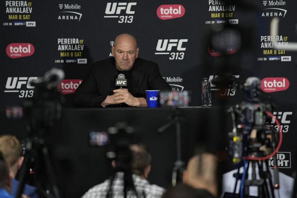 FILE - Dana White, CEO of the Ultimate Fighting Championship, speaks during a news conference following the UFC 313 mixed martial arts event Saturday, March 8, 2025, in Las Vegas. (AP Photo/John Locher, File)
