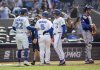 Toronto Blue Jays' Myles Straw (3) celebrates his home run with teammates Ernie Clement (22) and Daulton Varsho (5) during the second inning against the Texas Rangers in Toronto, Saturday, Aug. 16, 2025. THE CANADIAN PRESS/Tara Walton