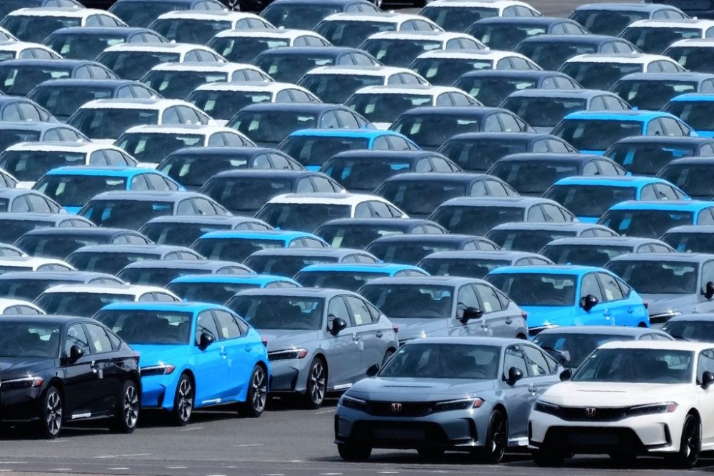 FILE - Export vehicles are parked at Daikoku Pier in Yokohama, near Tokyo, April 8, 2025. (AP Photo/Hiro Komae, File)