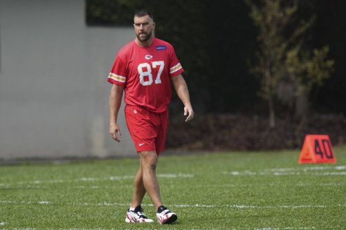 Kansas City Chiefs tight end Travis Kelce walks on the field during a training session prior to a NFL football game against Los Angeles Chargers, in Sao Paulo, Brazil, Thursday, Sept. 4, 2025. (AP Photo/Fernando Llano)