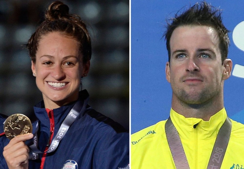 This photo combination shows Megan Romano, of the U.S., at the FINA Swimming World Championships in Barcelona, Spain, Aug. 4, 2013 and Australia's James Magnussen during the 2018 Commonwealth Games on the Gold Coast, Australia, April 6, 2018. (AP Photo/Manu Fernandez, Rick Rycroft)