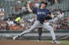 Seattle Mariners pitcher George Kirby throws during the first inning of a baseball game against the Baltimore Orioles, Tuesday, Aug. 12, 2025, in Baltimore. (AP Photo/Daniel Kucin Jr.)