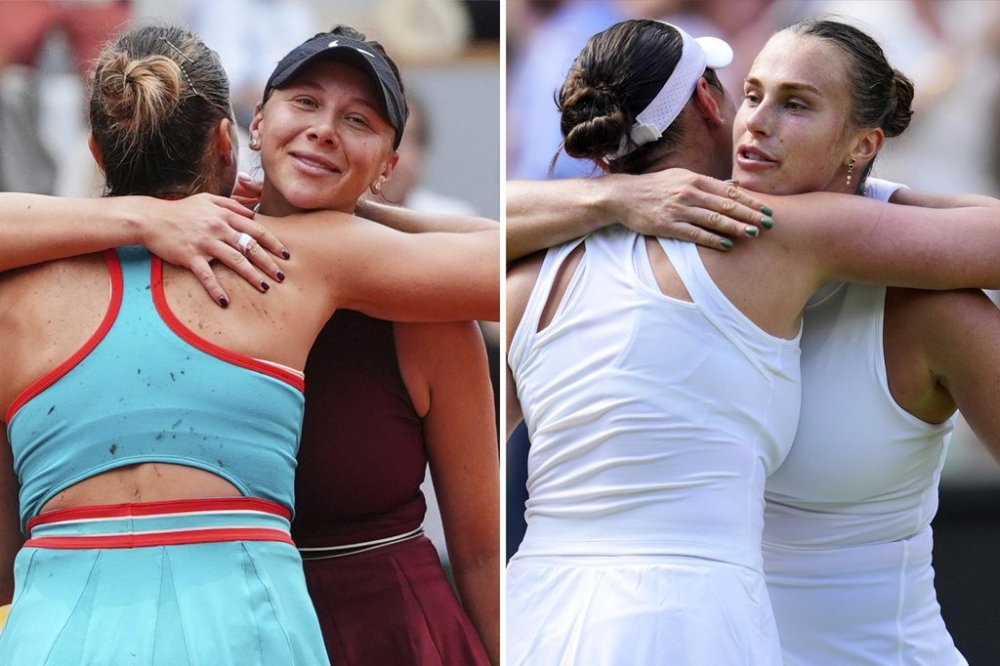 FILE - This combo of file photos shows, left image, United States' Amanda Anisimova, facing camera, embracing Belarus' Aryna Sabalenka after losing at the the French Open tennis tournament on June 1 2025, in Paris; and right image, Sabalenka, facing camera, embracing Anisimova after losing in a semifinal match at the Wimbledon Tennis Championships on July 10, 2025, in London. (AP Photo/Lindsey Wasson, left, and Kin Cheung)