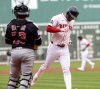 Boston Red Sox's Roman Anthony, right, runs past Cleveland Guardians catcher Bo Naylor (23) to score on a balk during the first inning of a baseball game Monday, Sept. 1, 2025, in Boston. (AP Photo/Mark Stockwell)