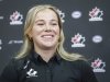 Team Canada women's hockey player Sarah Fillier speaks to the media at Hockey Canada’s National Teams orientation camp in Calgary, Wednesday, Aug. 27, 2025. THE CANADIAN PRESS/Jeff McIntosh