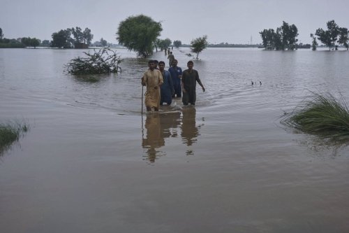 Villagers wade through a flooded area after torrential rains and rising water level in the rivers due to water release from Indian dams, in Pindi Bhattian, Pakistan, Sunday, Aug. 31, 2025. (AP Photo/A. Rizvi)