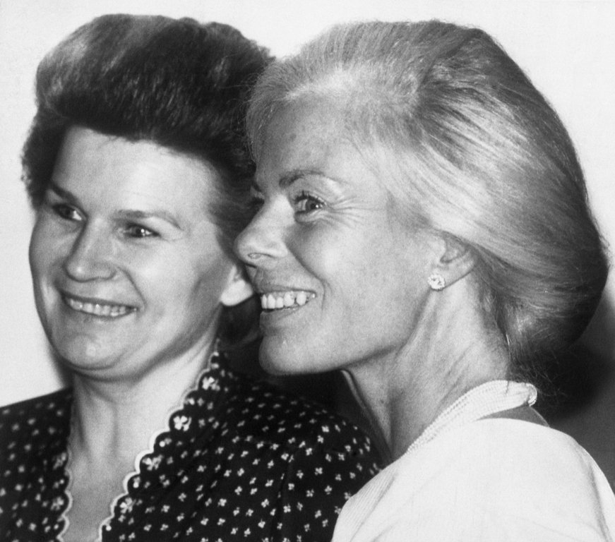 FILE - Britain's Katherine, Duchess of Kent, right, and Valentina Tereshkova, the first woman in space, and then President of the Soviet Women's Committee, chat together at the Women of the Year luncheon, at London's Savoy Hotel on Oct. 22, 1984. (AP Photo/John Redman, file)