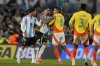FILE - Colombia's Richard Rios (6) argues Argentina's Nicolas Otamendi, second from left, during a qualifying soccer match for the FIFA World Cup 2026 at the Monumental stadium in Buenos Aires, Argentina, Tuesday, June 10, 2025. (AP Photo/Gustavo Garello, File)