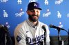FILE - New Los Angeles Dodger reliever Tanner Scott answers questions during an introduction news conference at Dodger Stadium in Los Angeles on Thursday, Jan. 23, 2025. (AP Photo/Richard Vogel, File)