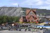 On a specially designed trolley with 224 wheels, Kiruna Church is being moved at a speed of half a kilometre per hour, in Kiruna, Sweden, Tuesday Aug. 19, 2025. (Fredrik Sandberg/TT News Agency via AP)