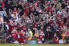 Liverpool's Dominik Szoboszlai celebrates after scoring his sides first goal during the English Premier League soccer match between FC Liverpool and FC Arsenal in Liverpool, England, Sunday, Aug. 31, 2025. (AP Photo/Jon Super)