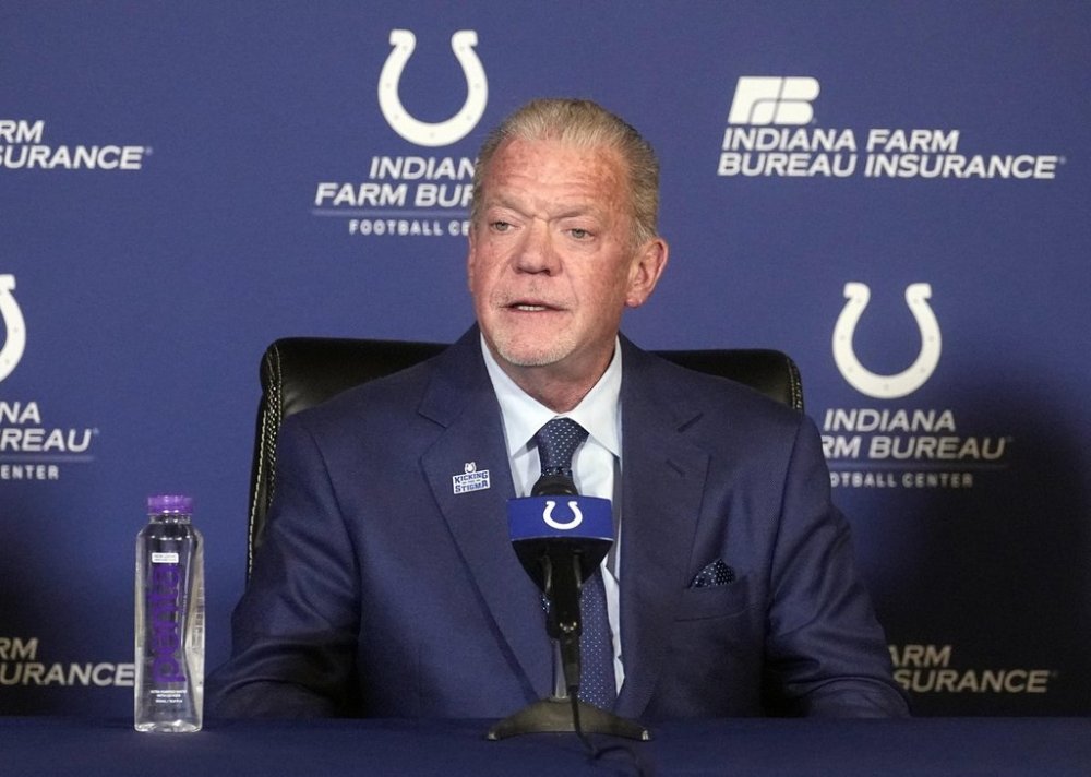 FILE - Indianapolis Colts owner Jim Irsay speaks during a news conference at the NFL football team's practice facility Monday, Nov. 7, 2022, in Indianapolis. (AP Photo/Darron Cummings, File)