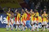 Players of Colombia celebrate their team's 3-0 victory over Bolivia at the end of a World Cup 2026 qualifying soccer match at Metropolitano stadium in Barranquilla, Colombia, Thursday, Sept. 4, 2025. (AP Photo/Fernando Vergara)