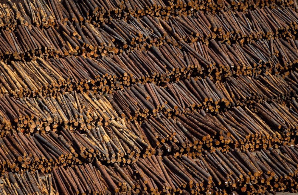 Logs are seen in an aerial view stacked at the Interfor sawmill, in Grand Forks, B.C., on Saturday May 12, 2018. THE CANADIAN PRESS/Darryl Dyck
