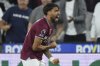 West Ham's Lucas Paqueta celebrates after scoring during the Premier League soccer match between Chelsea and West Ham in London, Friday, Aug. 22, 2025. (AP Photo/Dave Shopland)