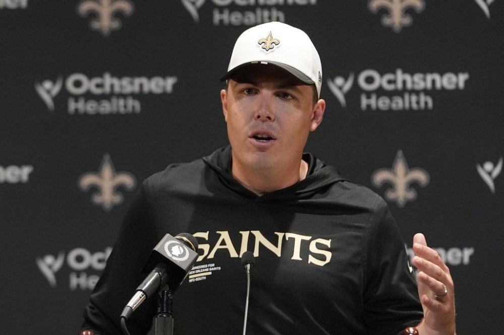 New Orleans Saints head coach Kellen Moore responds to a question during a news conference after losing to the Denver Broncos in an NFL preseason football game Saturday, Aug. 23, 2025, in New orleans. (AP Photo/Gerald Herbert)