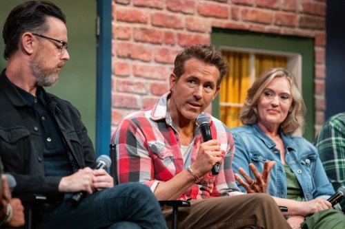 Director Colin Hanks and producer Ryan Reynolds speak with George Stroumboulopoulos at a press conference for the film John Candy: I Like Me, prior to the film’s premiere, at the Toronto International Film Festival in Toronto on Thursday, Sept. 4, 2025. THE CANADIAN PRESS/Arlyn McAdorey