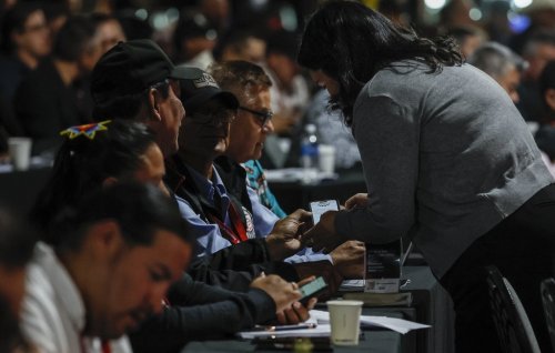 Delegates vote electronically on resolutions at the Assembly of First Nations (AFN) Annual General Assembly in Winnipeg on Wednesday, Sept. 3, 2025. THE CANADIAN PRESS/John Woods