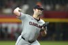 Cleveland Guardians starting pitcher Gavin Williams throws against the Arizona Diamondbacks during the first inning of a baseball game Monday, Aug. 18, 2025, in Phoenix. (AP Photo/Ross D. Franklin)