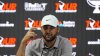 Scottie Scheffler speaks before a practice round of the Tour Championship golf tournament, Wednesday, Aug. 20, 2025, in Atlanta. (AP Photo/Mike Stewart)