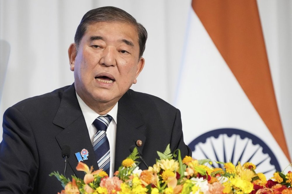Japanese Prime Minister Shigeru Ishiba delivers a speech during the Japan India Economic Forum in Tokyo Friday, Aug. 29, 2025. (AP Photo/Eugene Hoshiko)