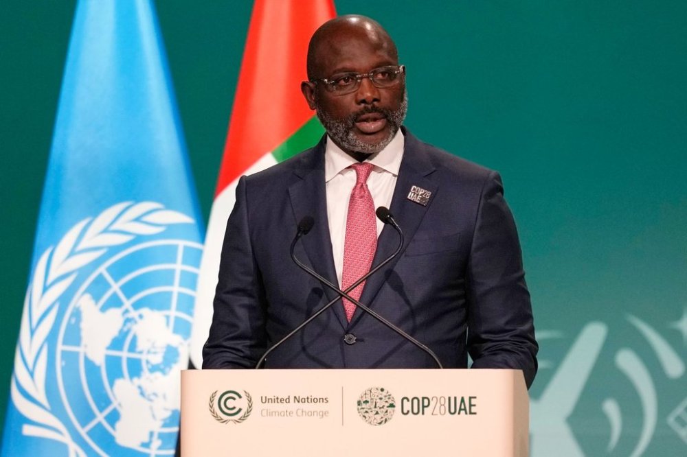 FILE - Liberia President George Weah speaks during a plenary session at the COP28 U.N. Climate Summit, Saturday, Dec. 2, 2023, in Dubai, United Arab Emirates. (AP Photo/Rafiq Maqbool, File)