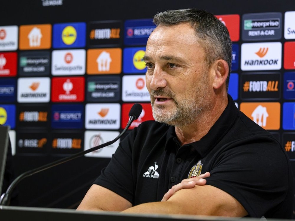 FILE - Nice head coach Franck Haise attends a press conference in Groupama Arena in Budapest, Hungary, Wednesday, Oct. 23, 2024, ahead of the UEFA Europa League Group soccer match between Ferencvaros TC and Nice. (Tamas Vasvari/MTI via AP, File)