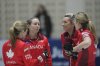 Canada's skip Rachel Homan, second from left, speaks to her players during the qualification match against Scotland at the World Women's Curling Championship in Uijeongbu, South Korea, Saturday, March 22, 2025. (AP Photo/Lee Jin-man)