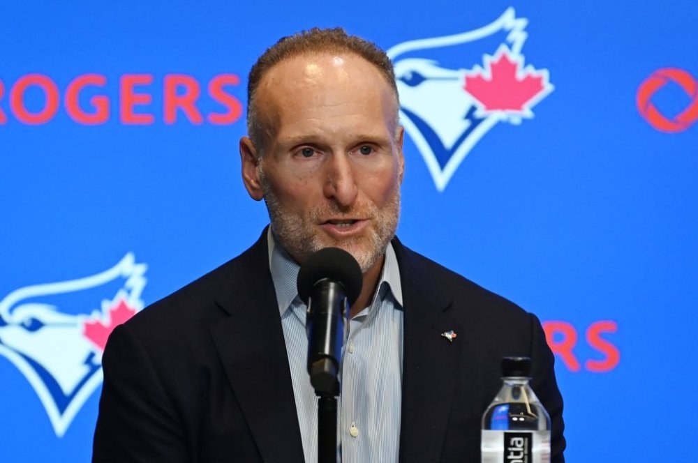 Toronto Blue Jays president and CEO Mark Shapiro participates in a press conference at Rogers Centre on Monday, April 14, 2025. THE CANADIAN PRESS/Jon Blacker