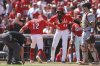 Cincinnati Reds' Austin Hays, left, celebrates with Elly De La Cruz after hitting a two-run home run during the fifth inning of a baseball game against the St. Louis Cardinals, Sunday, Aug. 31, 2025, in Cincinnati. (AP Photo/Abdoul Sow)