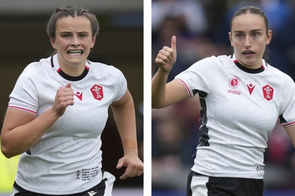 This combo of image shows Wales' Branwen Metcalfe, left, and her sister Nel Metcalfe during a group B match at the 2025 Women's Rugby World Cup between Canada and Wales in Manchester, England, Saturday, Aug. 30, 2025 (AP Photo/Dave Shopland)
