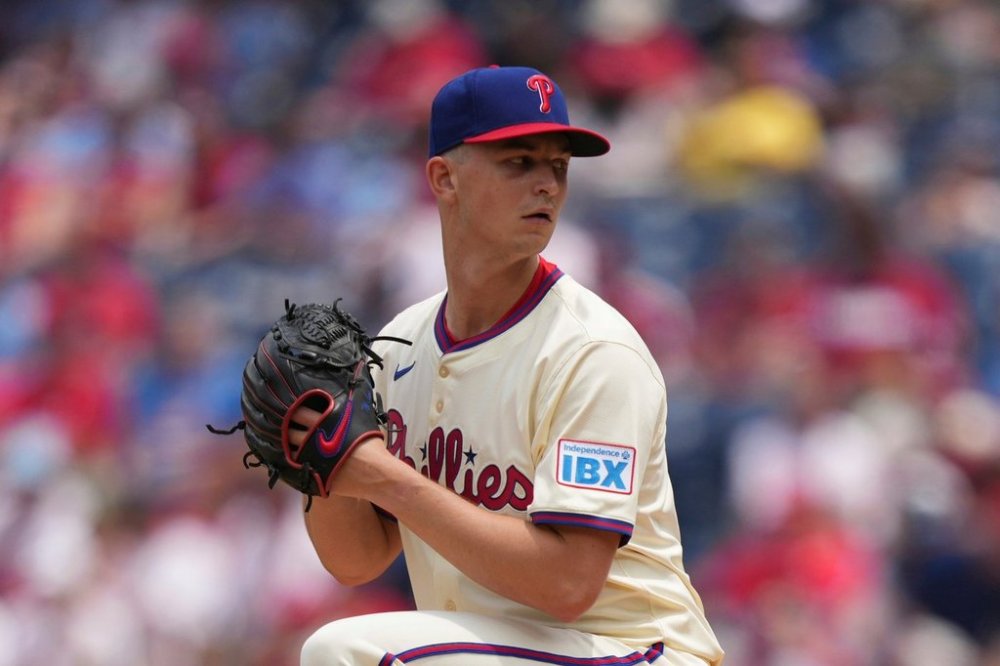 FILE - Philadelphia Phillies' Mick Abel, who was traded to the Minnesota Twins, plays during the first baseball game of a doubleheader on July 2, 2025, in Philadelphia. (AP Photo/Matt Slocum, File)