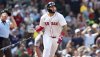 Boston Red Sox's Wilyer Abreu watches the flight of his fourth-inning two-run home run during a baseball game against the Miami Marlins, Sunday, Aug. 17, 2025, in Boston. (AP Photo/Jim Davis)