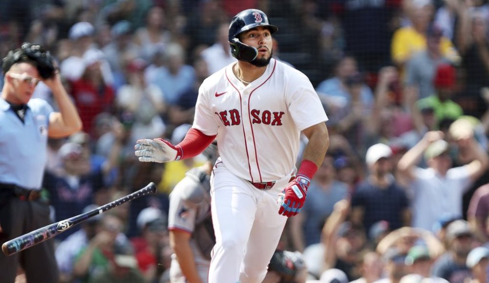 Boston Red Sox's Wilyer Abreu watches the flight of his fourth-inning two-run home run during a baseball game against the Miami Marlins, Sunday, Aug. 17, 2025, in Boston. (AP Photo/Jim Davis)
