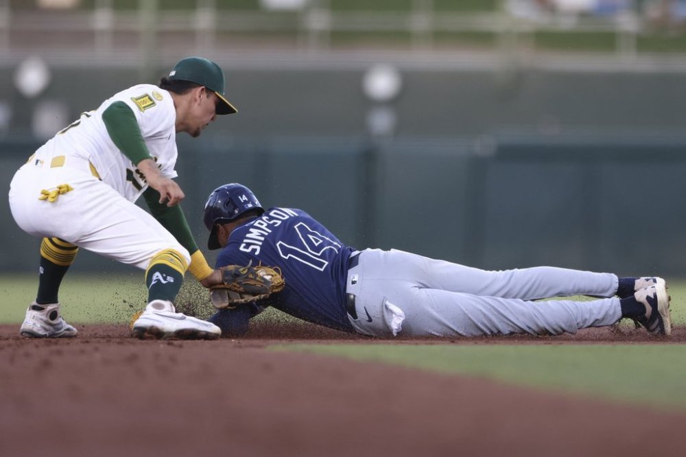 Athletics second baseman Luis Urías, left, tags out Tampa Bay Rays' Chandler Simpson, as Simpson slides into second base attempting to steal during the third inning of a baseball game against the Athletics, Tuesday, Aug. 12, 2025, in West Sacramento, Calif. (AP Photo/Scott Marshall)