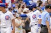 Chicago Cubs' Dansby Swanson, front right, celebrates after his RBI triple against the Pittsburgh Pirates during the fifth inning of a baseball game, Sunday, Aug. 17, 2025, at Wrigley Field in Chicago. (AP Photo/Mark Black)