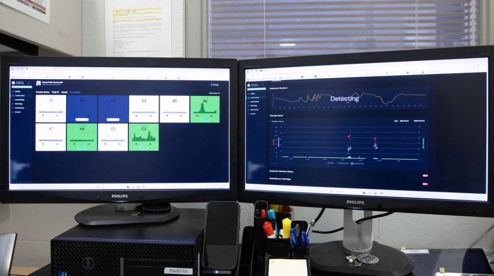 This undated handout photo, provided by the Surrey Police Service, shows screens that are part of a biometric scanning system to show the vital signs of detainees in Surrey jail cells, a system introduced in March, 2025. THE CANADIAN PRESS/Handout — Surrey Police Service (Mandatory Credit)