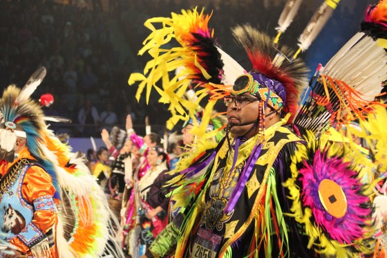 Dancers participate in the grand entry procession during the annual Gathering of Nations powwow in Albuquerque, New Mexico, on April 25, 2025. (Susan Montoya Bryan / The Associated Press files)