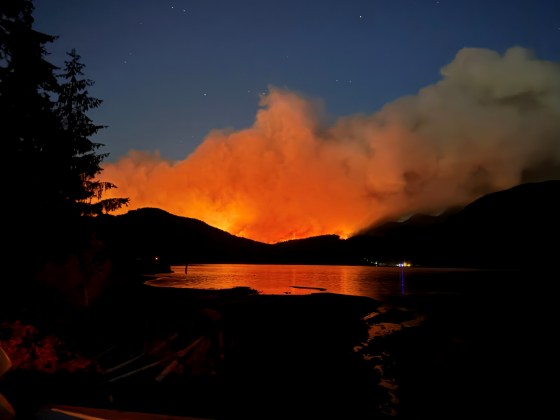 A wildfire is seen burning about 16 kilometres south of Port Alberni, B.C., on Monday, Aug. 11, 2025. (Evan Hammond / The Canadian Press)