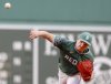 FILE - Boston Red Sox pitcher Hunter Dobbins throws during the first inning of a baseball game against the Tampa Bay Rays, July 11, 2025, in Boston. (AP Photo/Mark Stockwell, File)