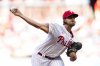 Philadelphia Phillies pitcher Aaron Nola throws during the first inning of a baseball game against the Washington Nationals, Saturday, Aug. 23, 2025, in Philadelphia. (AP Photo/Derik Hamilton)