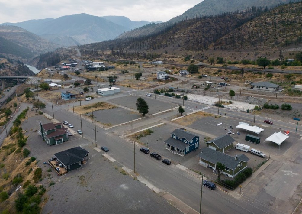 Rebuilt houses are seen in an aerial view, in Lytton, B.C., on Friday, Aug. 29, 2025. A fast-moving wildfire destroyed 90 per cent of the village in 2021. THE CANADIAN PRESS/Darryl Dyck