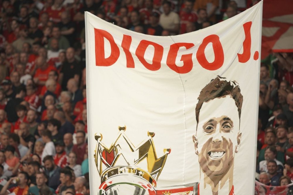 FILE -A banner depicting the late Liverpool player Diogo Jota is displayed on the stands before the English Premier League soccer match between Liverpool and Bournemouth at Anfield stadium in Liverpool, England, Friday, Aug. 15, 2025. (AP Photo/Ian Hodgson, File)