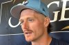 New Milwaukee Brewers pitcher Shelby Miller speaks to reporters after being activated from the injured list Friday, Aug. 8, 2025, in Milwaukee. (AP Photo/Steve Megargee)