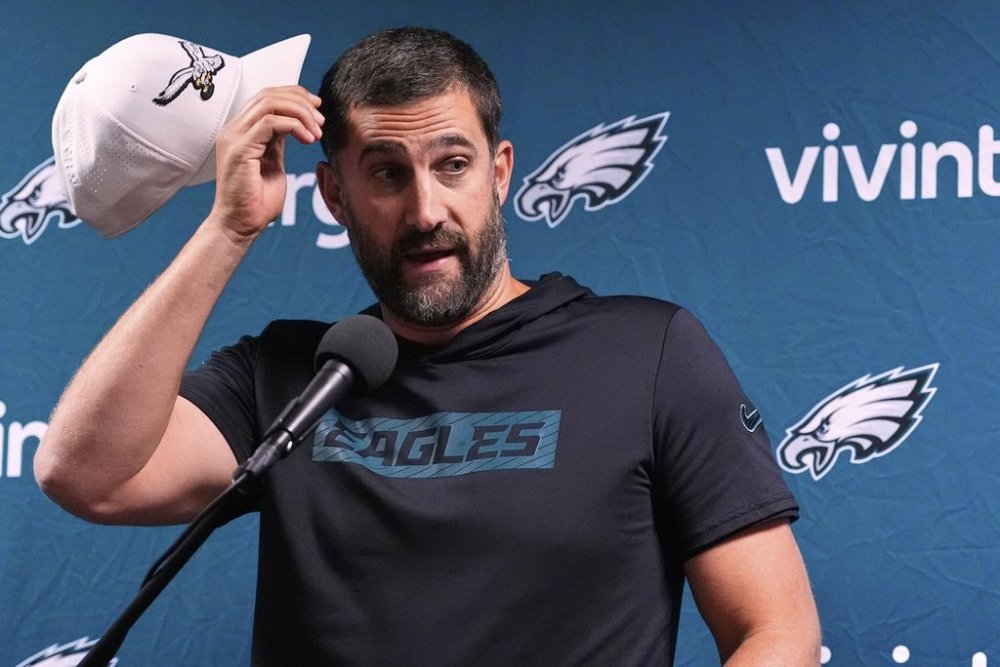 Philadelphia Eagles head coach Nick Sirianni talks to reporters after a preseason NFL football game against the New York Jets in East Rutherford, N.J., Friday, Aug. 22, 2025. (AP Photo/Yuki Iwamura)