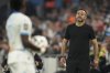 FILE - Marseille's head coach Roberto De Zerbi reatcs during the League One soccer match between Marseille and Paris Saint-Germain, Sunday, Oct. 27, 2024 at the Velodrome stadium in Marseille, southern France. (AP Photo/Laurent Cipriani, file)